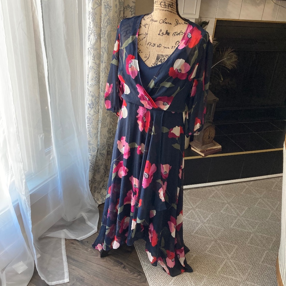 Elegant Calvin Klein Faux Wrap Dress Hi Low Sz 10 Navy and Floral Breezy Summer